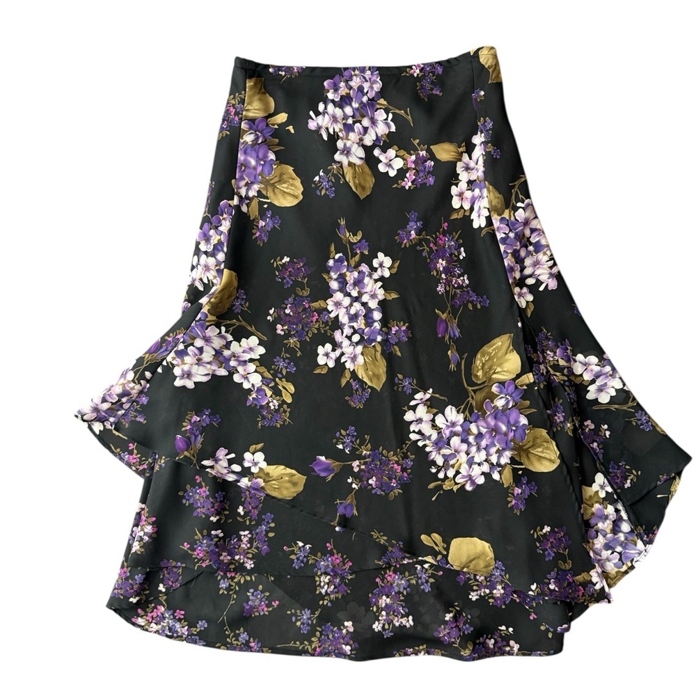 Vintage Black Romantic Floral Asymmetrical Handkerchief Layered Hem Skirt